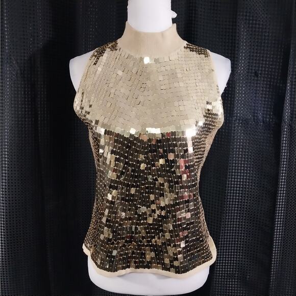 BELLDINI! GORGEOUS GOLDEN SEQUINNED SHEATH TOP, KNIT BASE, ZIPPER BACK! SZ L - Picture 2 of 10